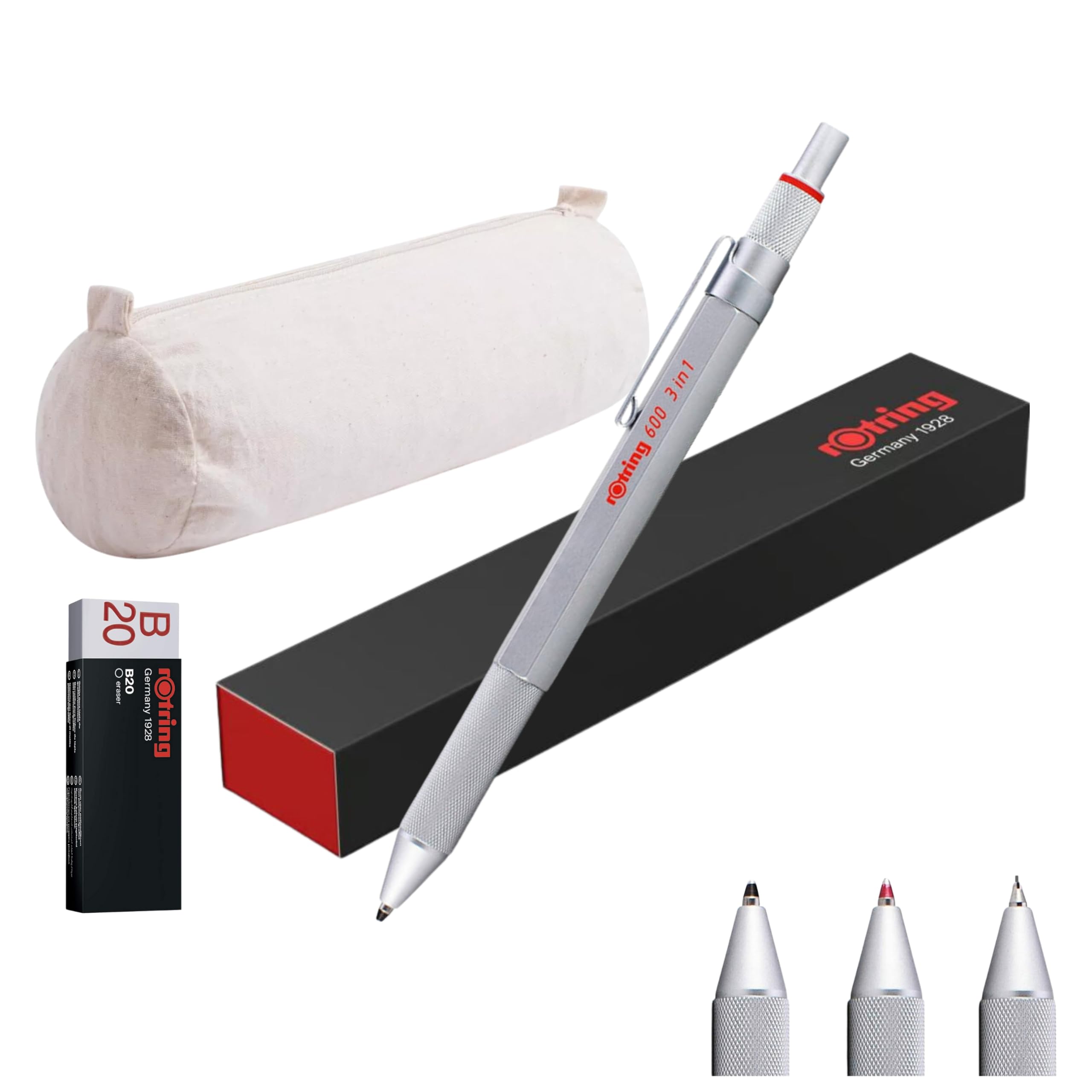 rOtring 600 3-in-1 Multicolor Pen and Mechanical Pencil | Black & Red Kugelschreiberspitzen | 1 Druckbleistiftspitze (0,5 mm) | Silberner Schaft | + B20 Radiergummi & Baumwoll-Federmäppchen