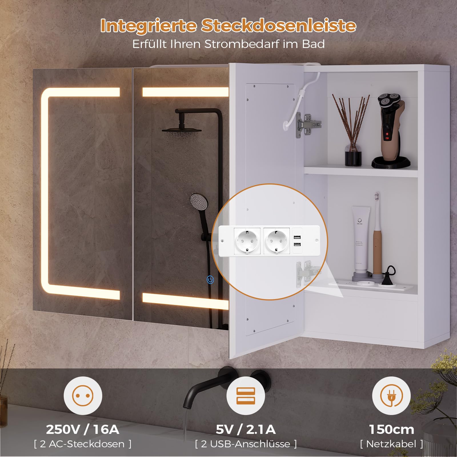 Spiegelschrank Bad 100 cm breit mit LED-Beleuchtung, Steckdose & 3 Farbtemperaturen | Dimmbarer Badezimmerschrank mit Touch-Sensor 60×100×16 cm (H×B×T) | Spiegel +3 verstellbaren Regalen
