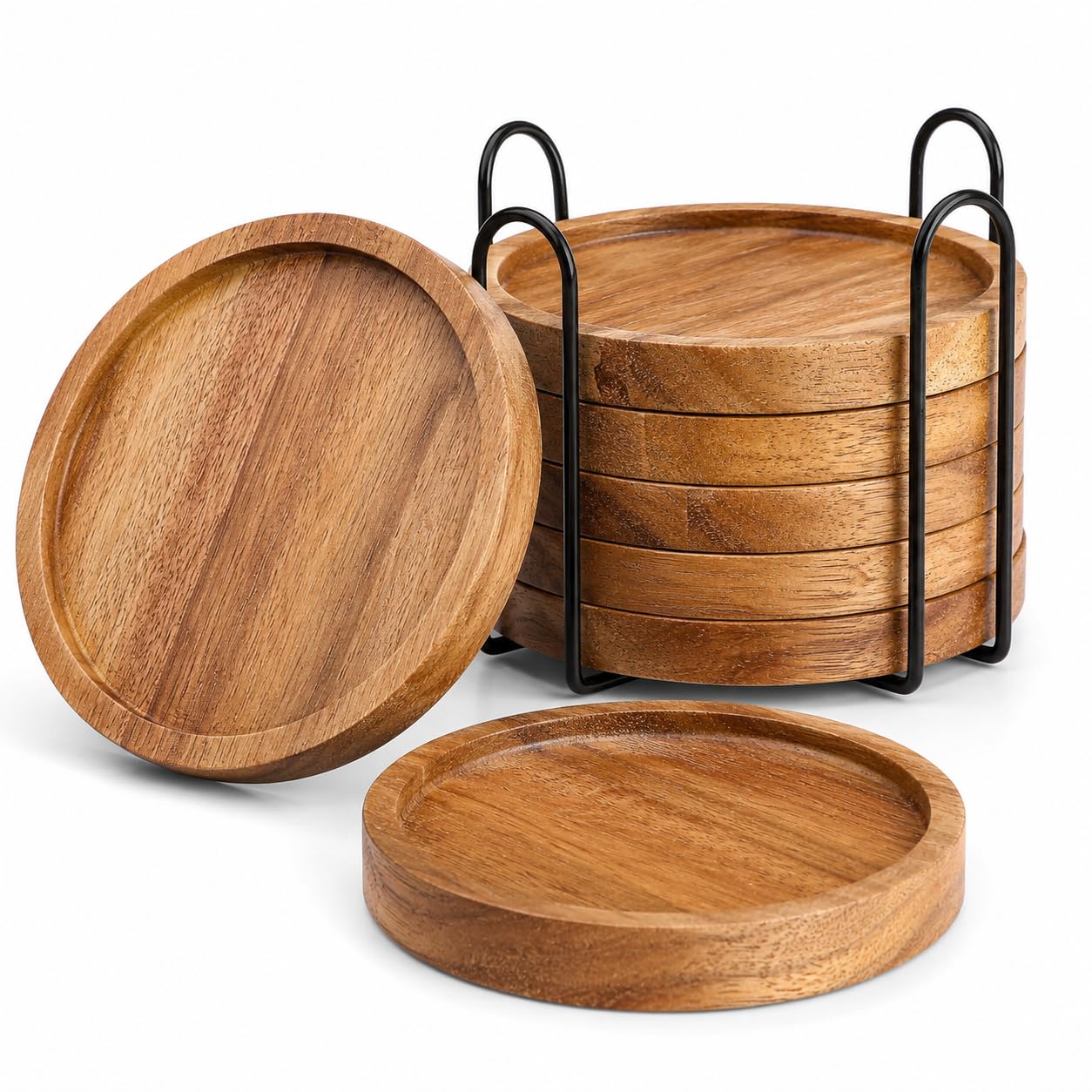 7Seas Wooden Table Coasters Set of 6 with Stand for Hot & Cold Drinks | Stylish Natural Wood Coasters with Storage Holder. Suitable for Coffee, Tea, Beer, Wine & Water Glasses.-image-9