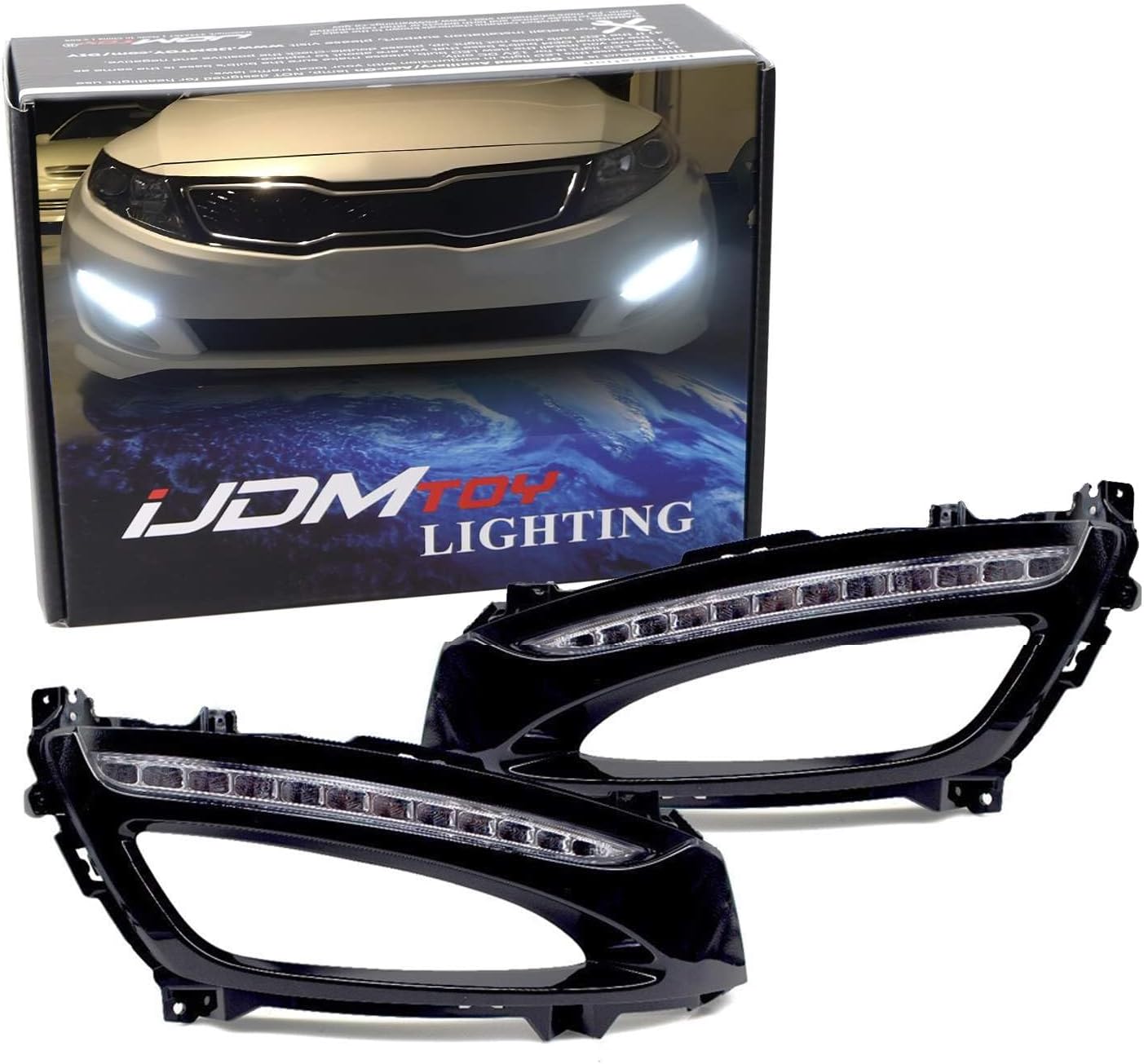 iJDMTOY Xenon White LED Daytime Running Lights Compatible With 11-13 Kia Optima w/Glossy Black Bezel Covers, Direct Replacement DRL Bezel Assembly Powered by 12 Pieces High Power LED Bulbs Each Lamp