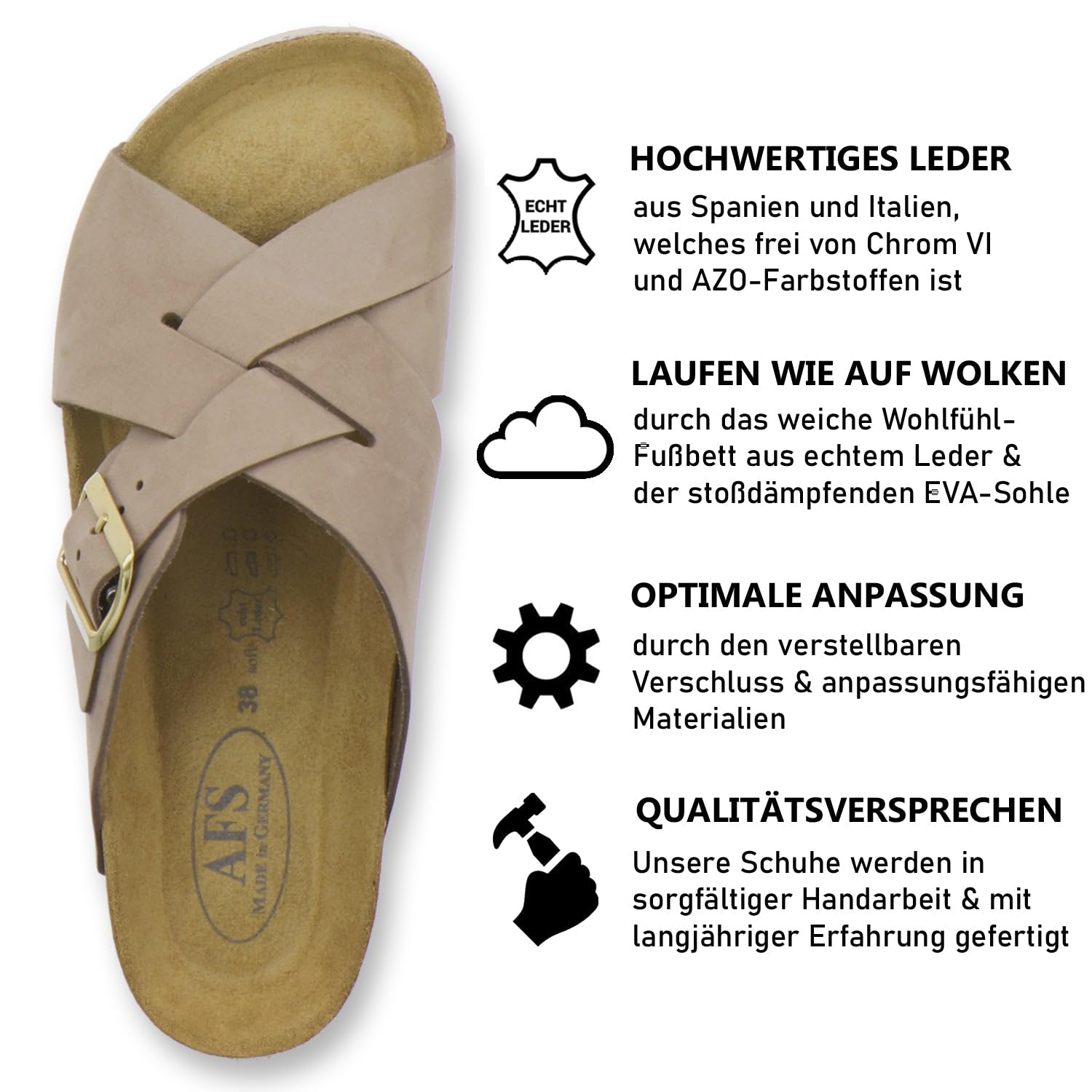 AFS-Schuhe 2141 - Mules tendance pour femme - En cuir véritable - Sandales d'été avec grande boucle - Fabriquées à la main en Allemagne