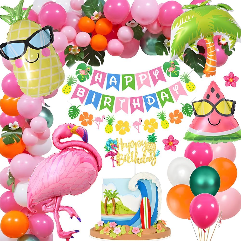 Hawaii Deko Flamingo Ballons Tropische Luftballon Girlande Flamingo Tropical Balloon mit Geburtstags Banner Palmblatt Hawaiian Luftballons f r Luau Sommer Tropische Themen Party Dekoration
