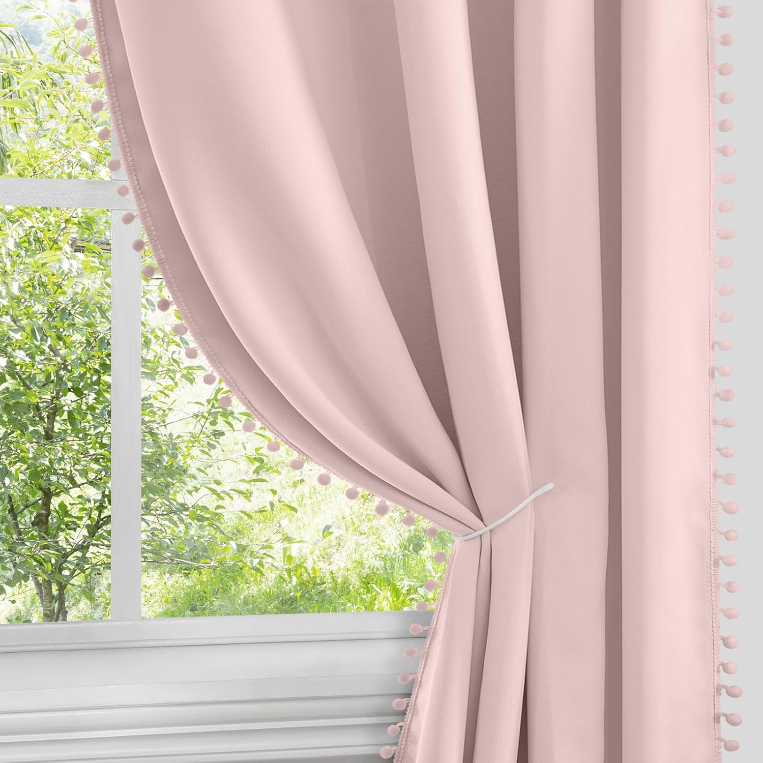 HOMEIDEAS Light Pink Pom Pom Blackout Curtains 52 x 96 Inches Long Grommet Room Darkening Window Drapes 2 Panels for Bedroom, Living Room, Nursery