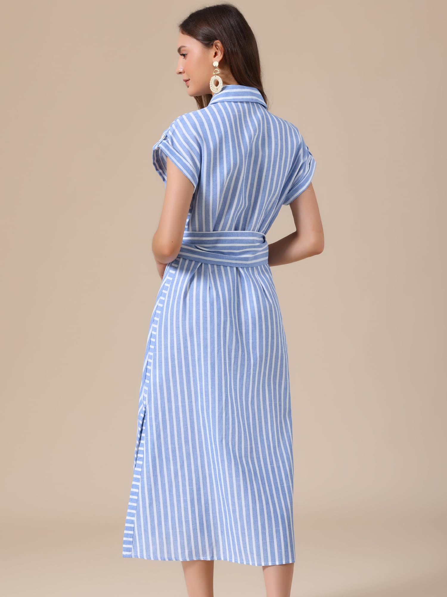 Allegra K Abito a Righe da Donna Casual con Bottoni Spacco Laterale Cintura Linea ad A Estivo Midi