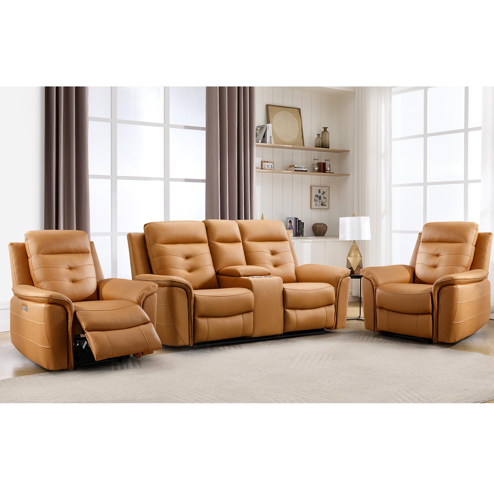 ANJ 3-Piece Faux Leather Power Recliner Sofa Set with USB&amp;Type-C Charging Ports, Include 2 Single Recliner Chairs and 2-Seater Loveseat with Hidden Storage &amp; Cup Holders, Yellow