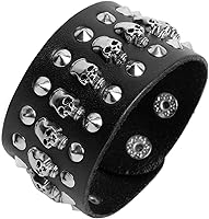 STWTR Punk Rock Biker Wide Leather Cuff Bracelet with Black Metal Rivets Studs Skull Unisex Wrist Strap