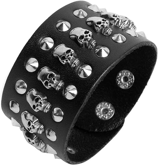 Black metal rivets studs punk rock biker wide belt leather bracelet guard wrist strap skull