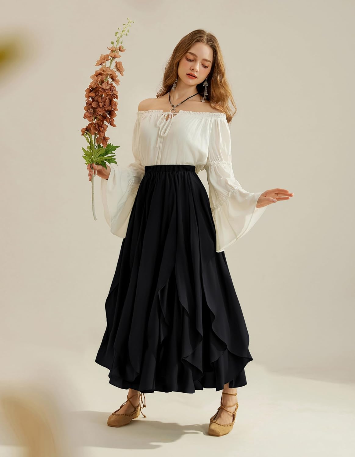 SCARLET DARKNESS Womens Boho Maxi Skirt 2026 Renaissance Long Skirt High Waist Ruffle Flowy Skirts - Image 2