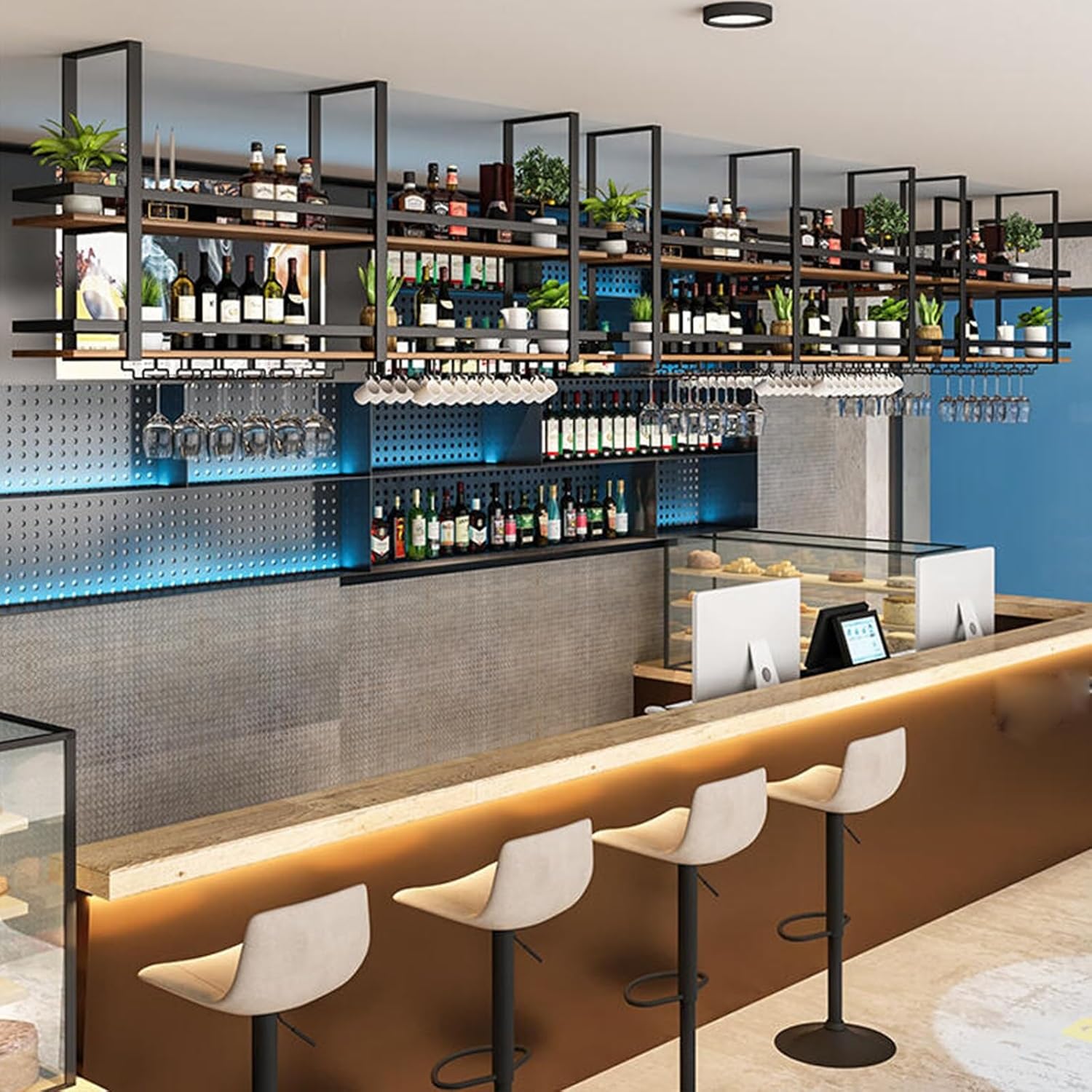 Multifunctional Ceiling-Mounted 2-Tier Bottle Rack - Metal Bar Liquor Shelf with Wine Glass Holder & Guardrail 150cm/59in Hanging Storage for Restaurants & Home Bars