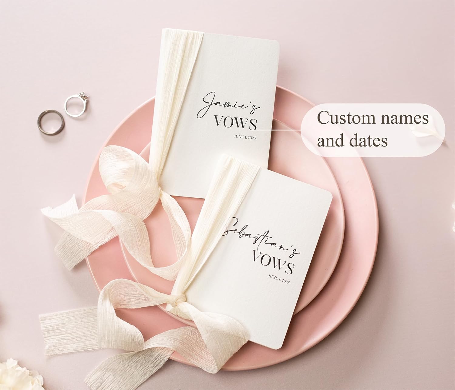 Modern Album Designs Set of Custom Slim White Vow Books w/Ribbon (Set of 2) - 5.625 x 4 Minimalist Pocket Sized Romantic Wedding Ceremony Vow Renewal Speech Notebook Journal