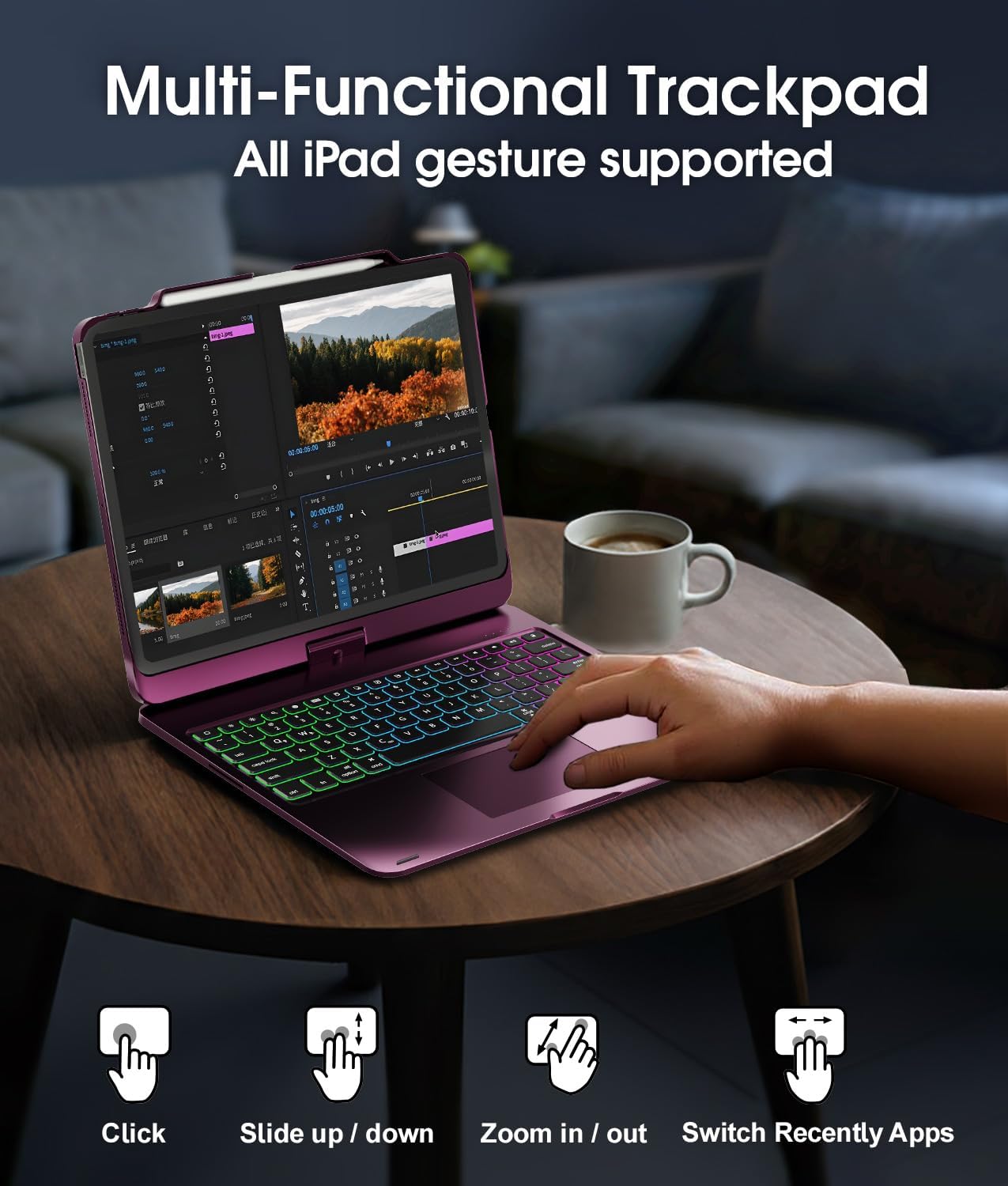 Baisla Case with Keyboard for iPad Pro 13-inch(M5/M4), iPad Air 13-inch(M4/M3/M2) & iPad Pro 12.9", Trackpad, 360 Rotatable, Rainbow Backlit Wireless Protective Case with Pencil Holder -Raspberry