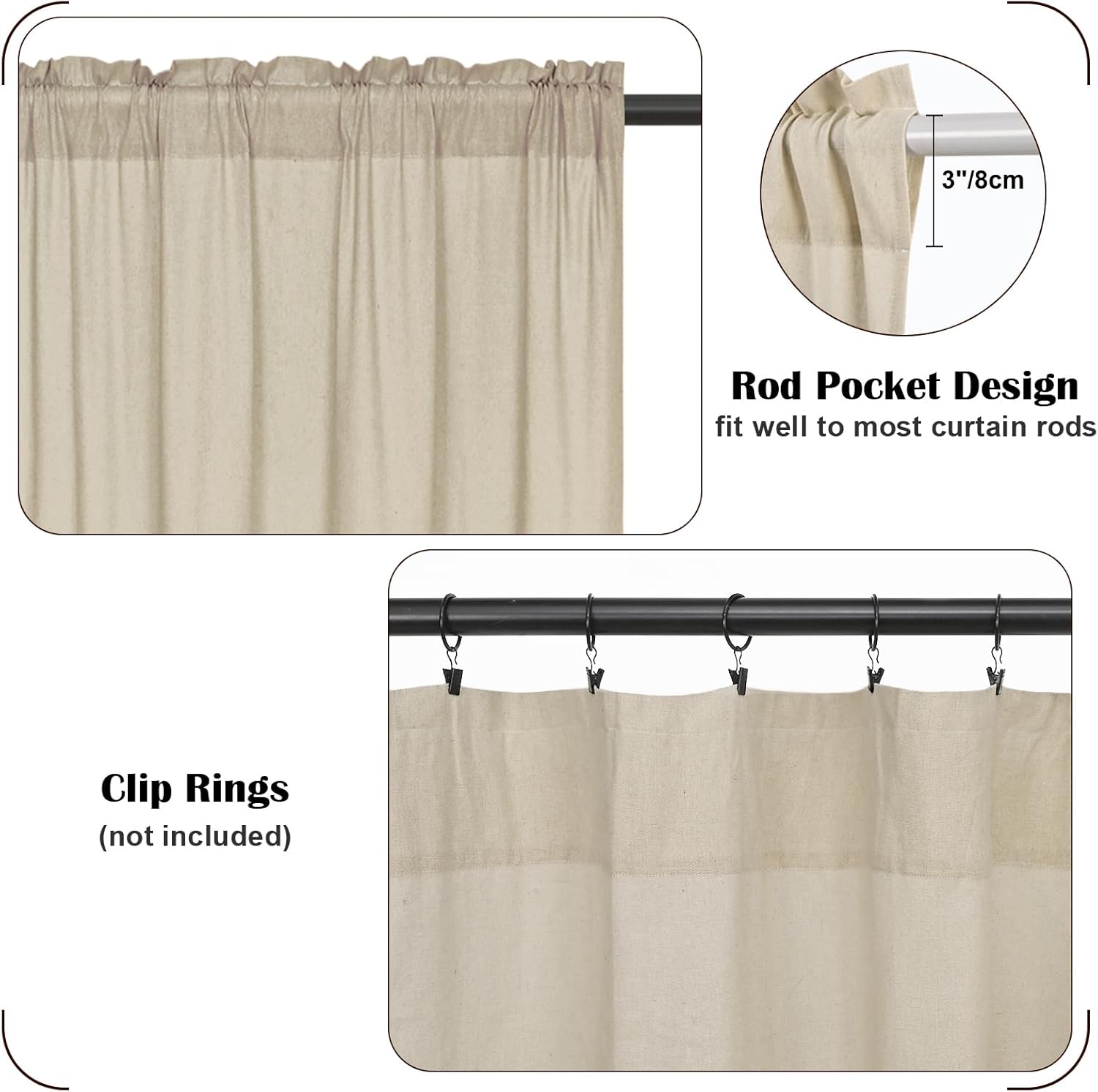 FRAMICS Farmhouse Valance Curtains, Boho Cotton Linen Kitchen Valance, Rustic Button Window Valances for Kitchen, Country Rod Pocket Valances for Windows Bathroom, Linen and White, 52 x 18 Inch