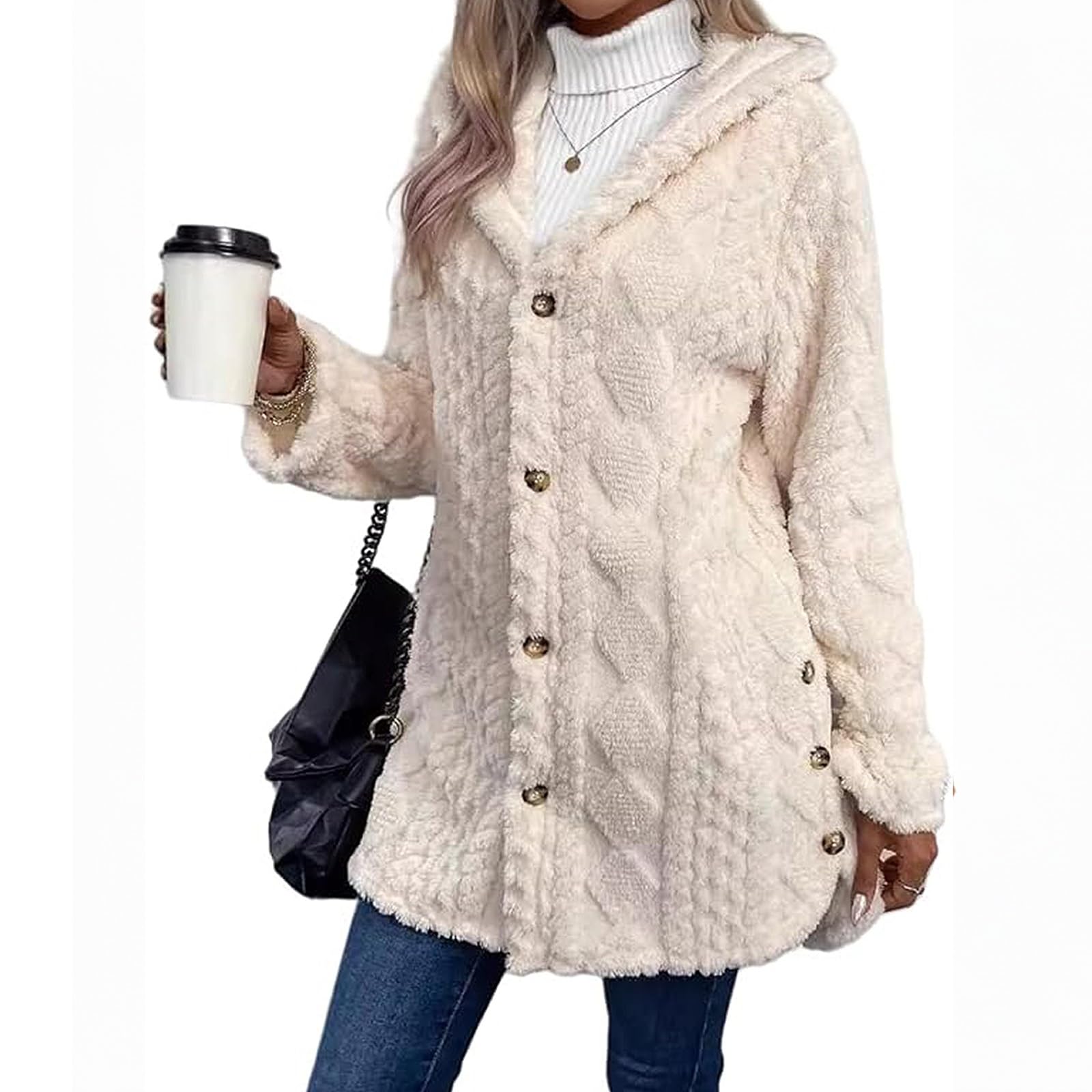 Womens Fall Winter Warm Fashion Jacquard Hooded Cardigan Long Sleeve Coat with Pockets for Casual Travel Work