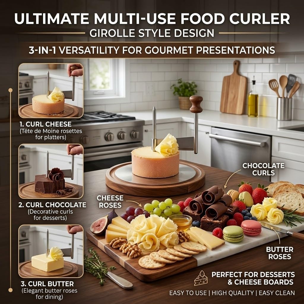 Cheese Curler Girolle – Cheese Curler Wheel for Chocolate & Butter Curls, Stainless Steel Blade & Wood Base, Cheese Flower Maker for Charcuterie Boards, Dessert Decor, Parties & Gift for Food Lovers