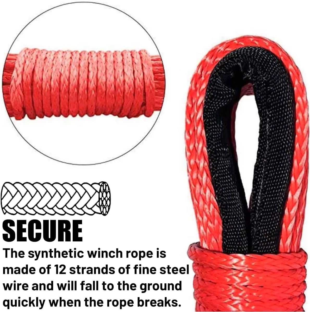 1/4'' x 50 FT Car Synthetic Winch Rope Kit, 7700LBS Vehicle Winch Cable Line with Protective Sleeve, Heavy Duty Automotive Winching Line Kit, Universal for ATV UTV Truck Offroad (Red)
