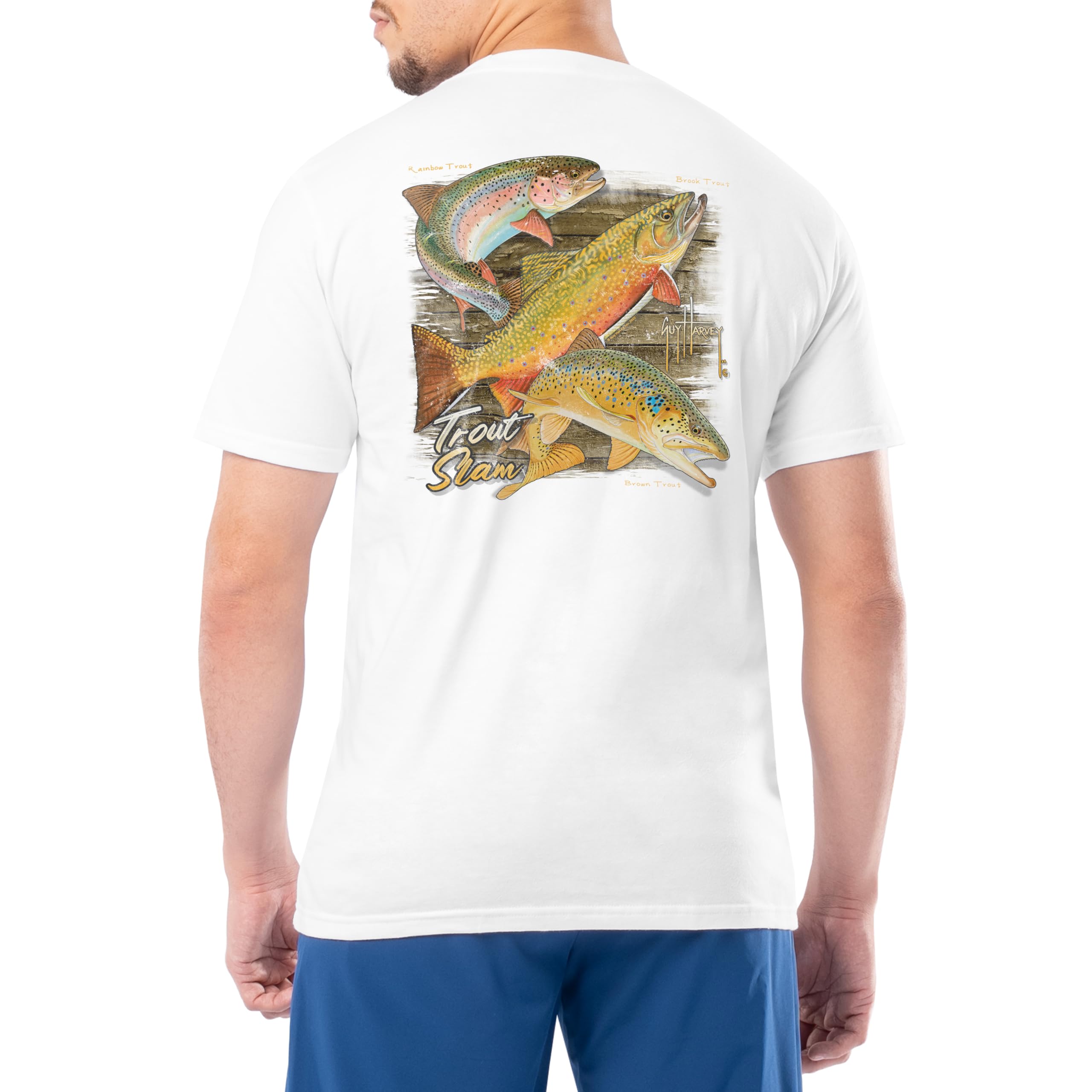 Guy Harvey Men’s Short Sleeve OG Cotton Graphic Pocket T-Shirt, Bright White/Trout Slam, Medium