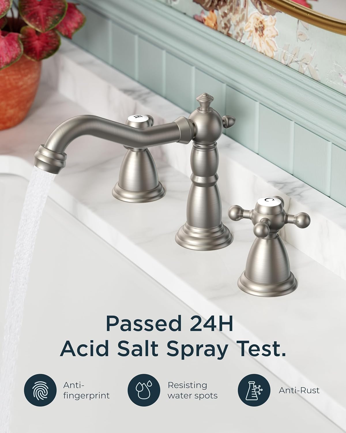 FORIOUS Brushed Nickel 3 Hole Bathroom Sink Faucets 2 Cross Handles, 8 Inch Widespread Antique Brass Viantage Bathroom Faucet for RV Vanity Farmhouse with Metal Pop Up Drain and Supply Lines - Image 3