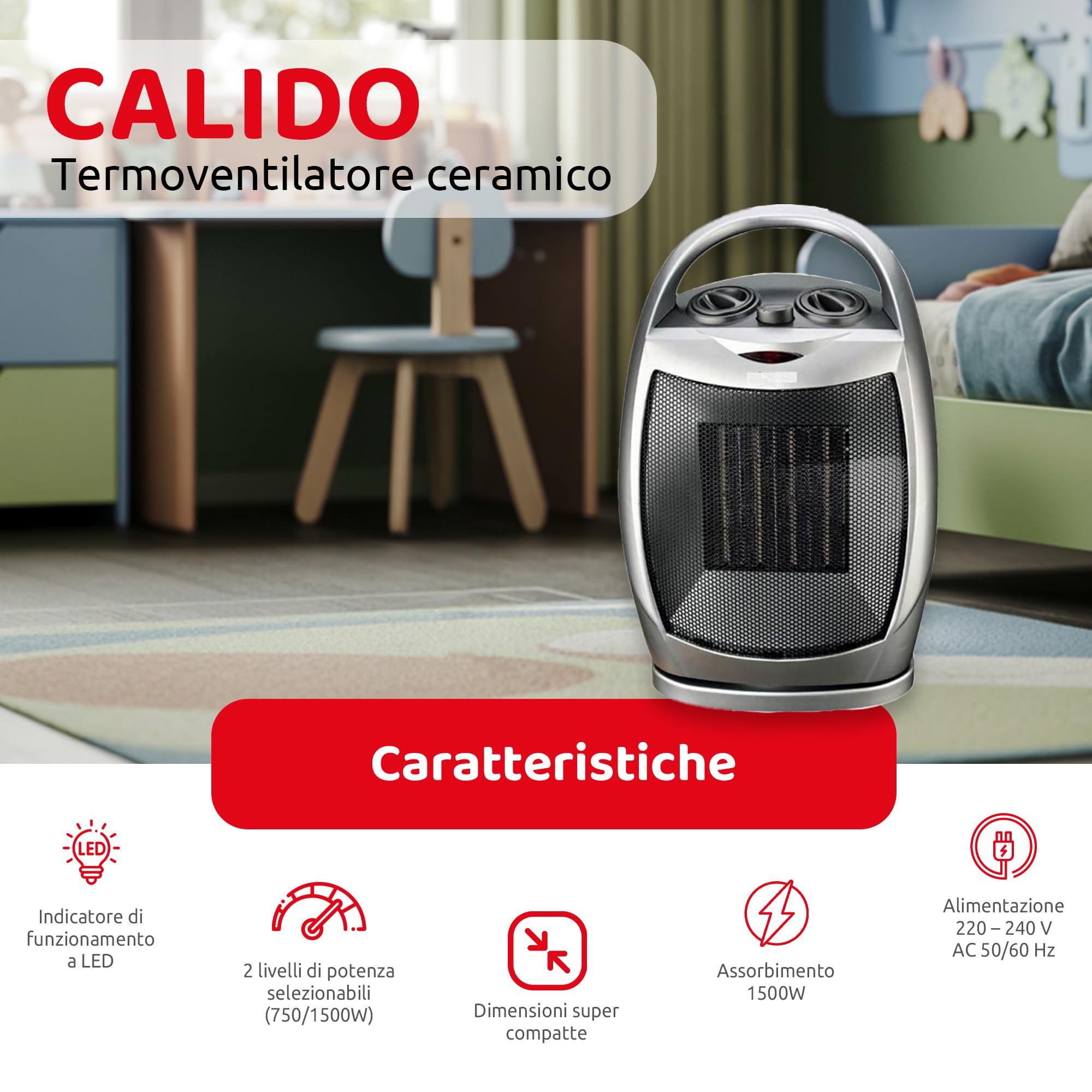 Melchioni Family CALIDO, Termoventilatore ceramico, Oscillazione automatica, 1500W, Protezione contro il surriscaldamento e ribaltamento, 3 modalità, 2 livelli di potenza, Basso consumo