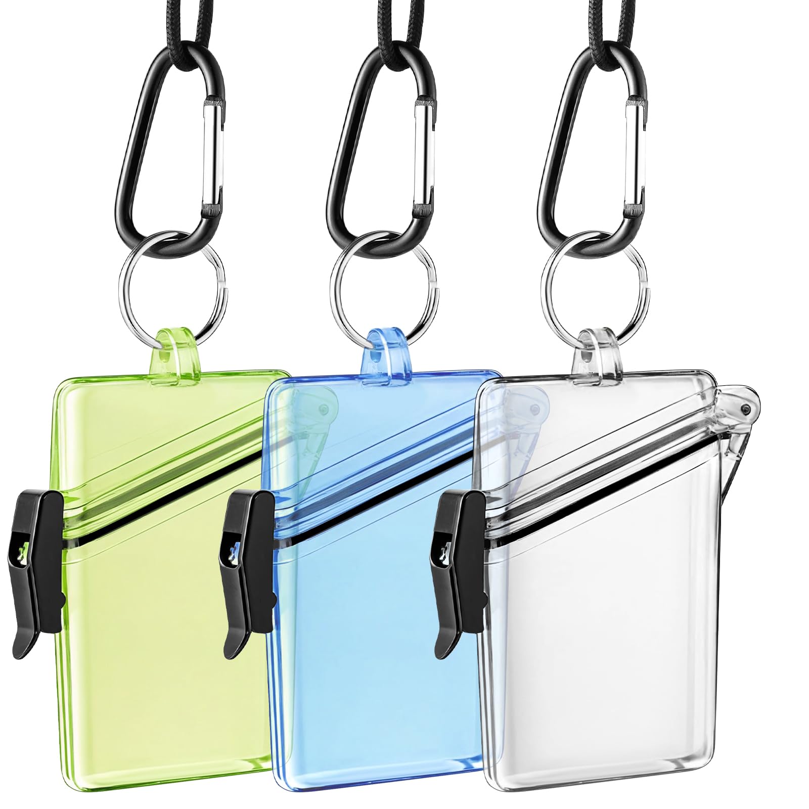 BESARME 3 Pack Waterproof ID Badge Holder Case Clear Vertical ID Card Holder with Lanyard Carabiner and Keychain Durable Locker Dry Box（Clear Blue