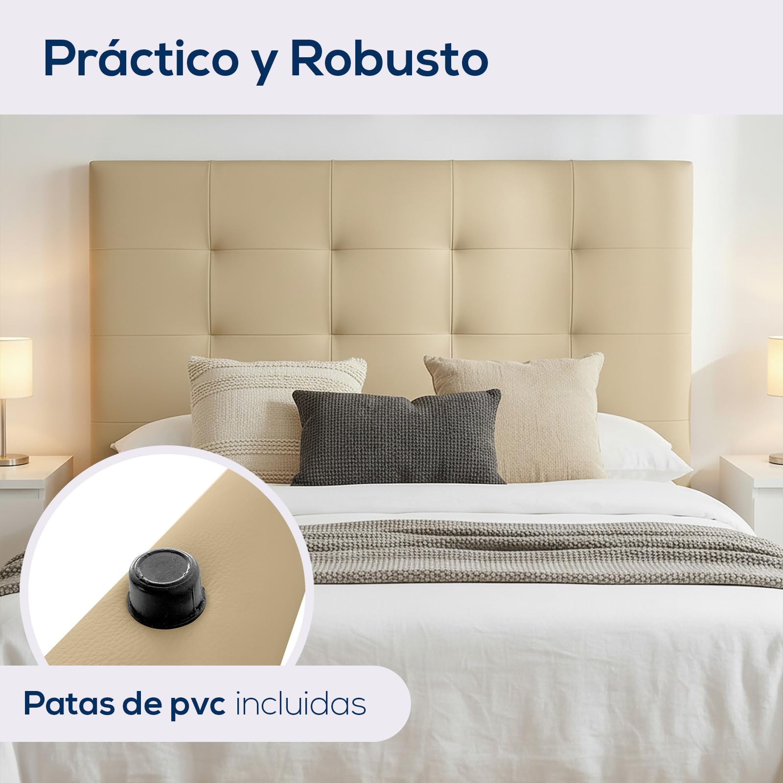 Duérmete Online, Cabecero Modelo Napoli Acolchado, Tapizado en Polipiel de Alta Gama, Medidas: 145 x 120 cm (para Cama de 135 y 140) Beige