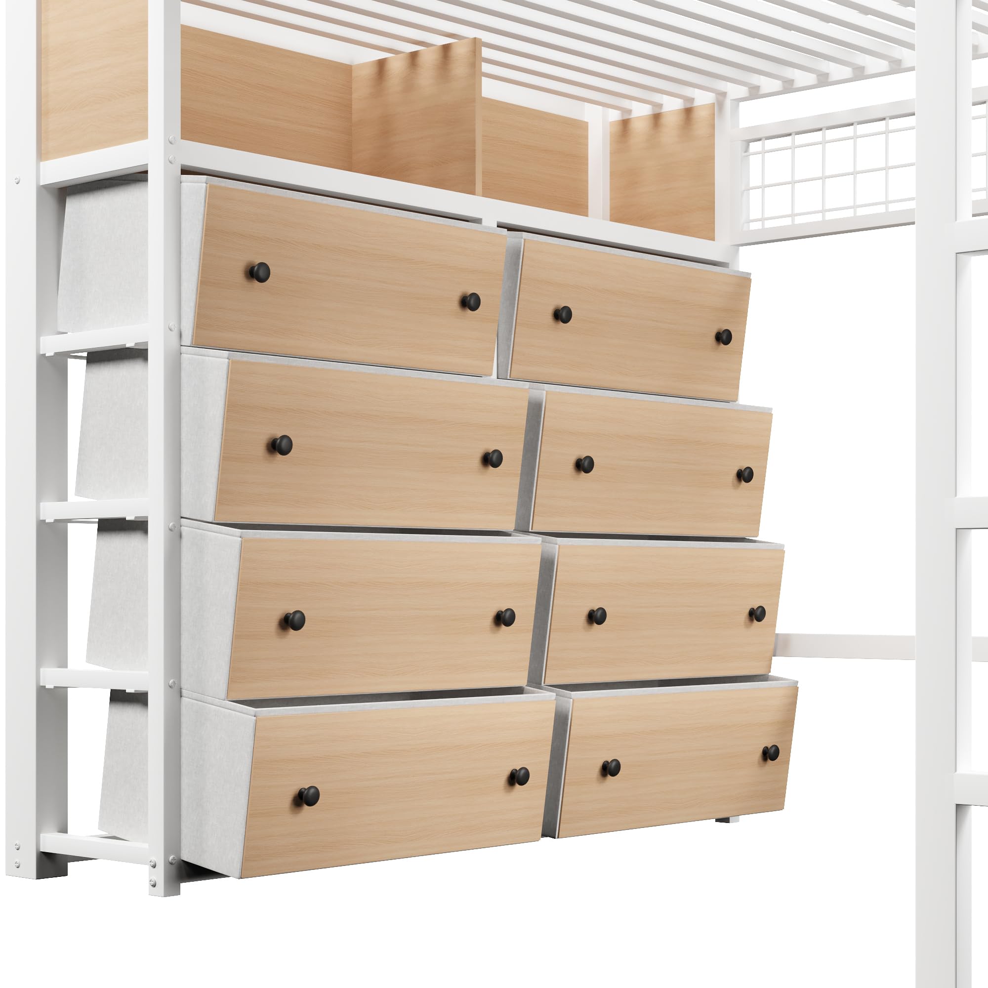 BTM Metall Hochbett 140x200 mit Modulares Schubladen Stauraum Hochbett Jugendliche mit LED, Regalen und Lochwand, Weiß