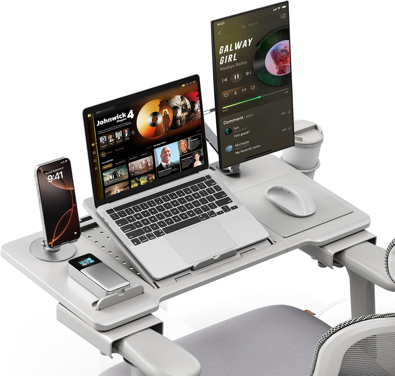 Newtral Home Office Laptop Desk for T-Shape Office Chair, Adjustable Portable Table Tray with Wrist Rest, Mouse Pad and Cup Holder, Stand for Working, Writing and Gaming (Grey, Standard) Gray Standard