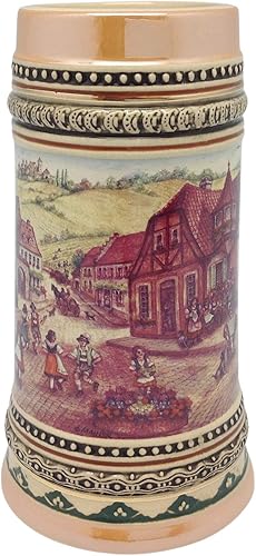 OktoberfestHaus - Taza de cerveza de 1.0 litros con asa, taza de cerveza Oktoberfest, German Village Dancers (Tänzer) Bier Krug, jarra de cerámica