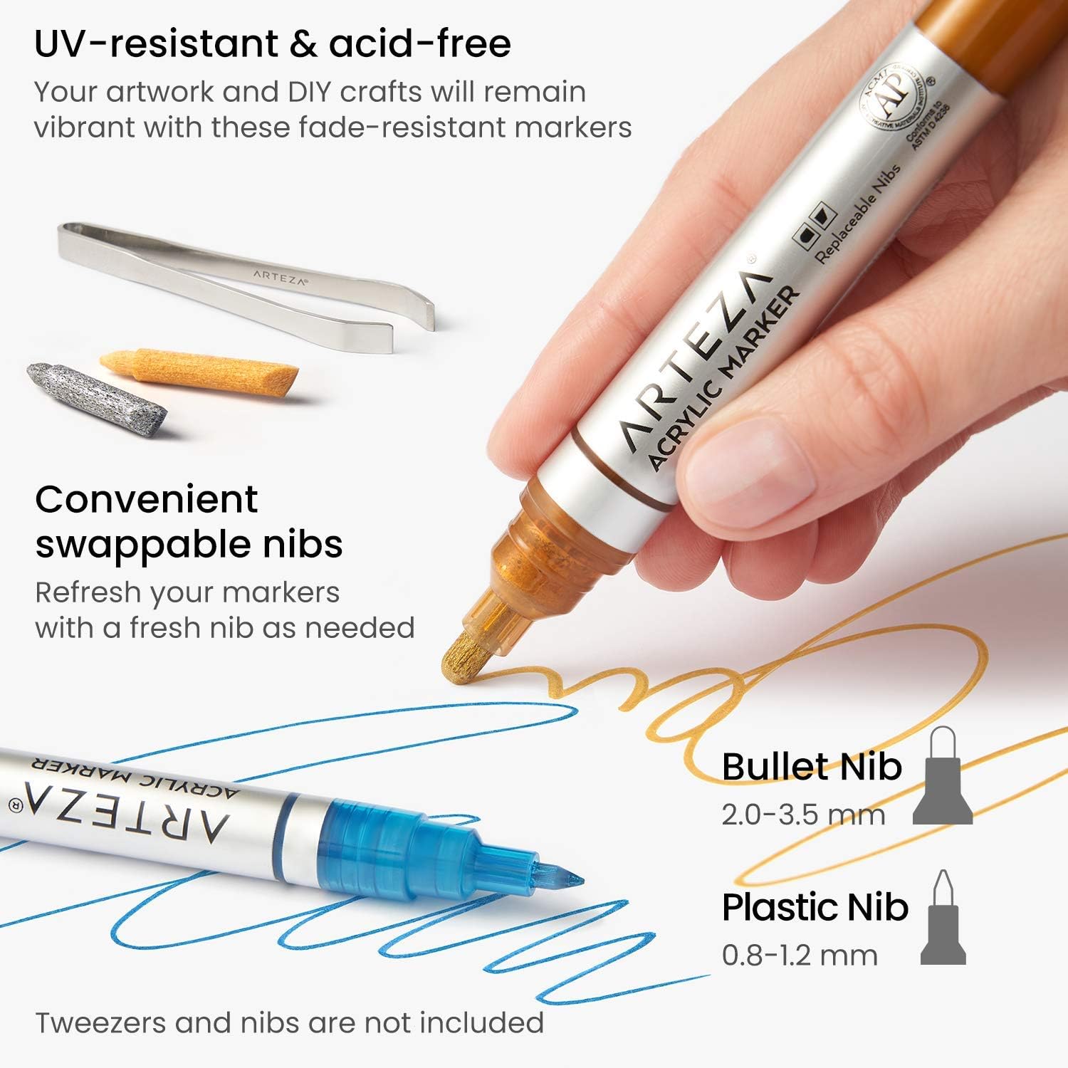ARTEZA Metallic Acrylic Paint Markers – Set of 20 Paint Pens with Bullet & Wide Nibs for Glass, Rock, Ceramic, Plastic, Canvas, Wood & Fabric Projects