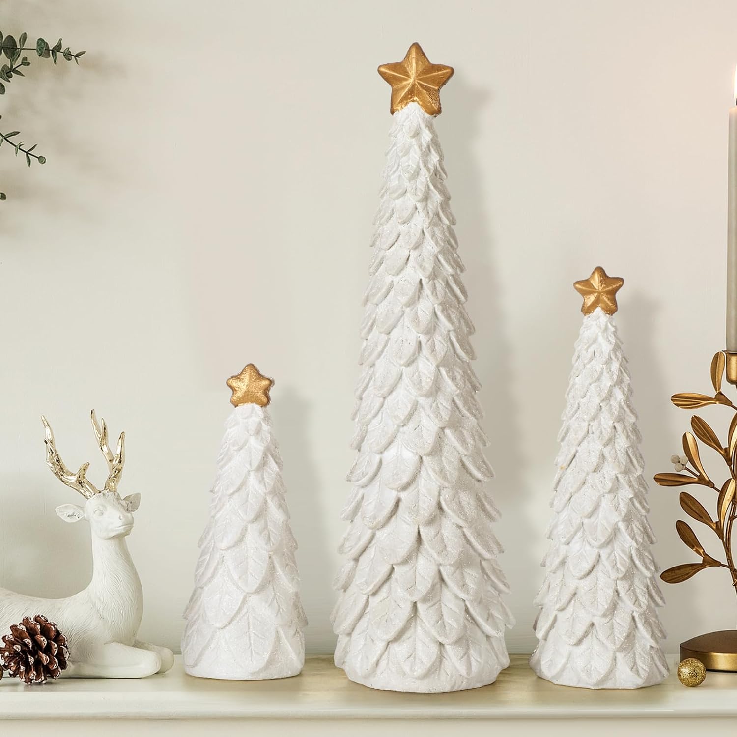 Beeveer 3 Pcs Christmas Tree Figurines Set Glitter Resin Tabletop Christmas Tree Decor Elegant Xmas Tabletop Centerpieces for Tables Desk Shelf Mantel Holiday Indoor Decorations(White)