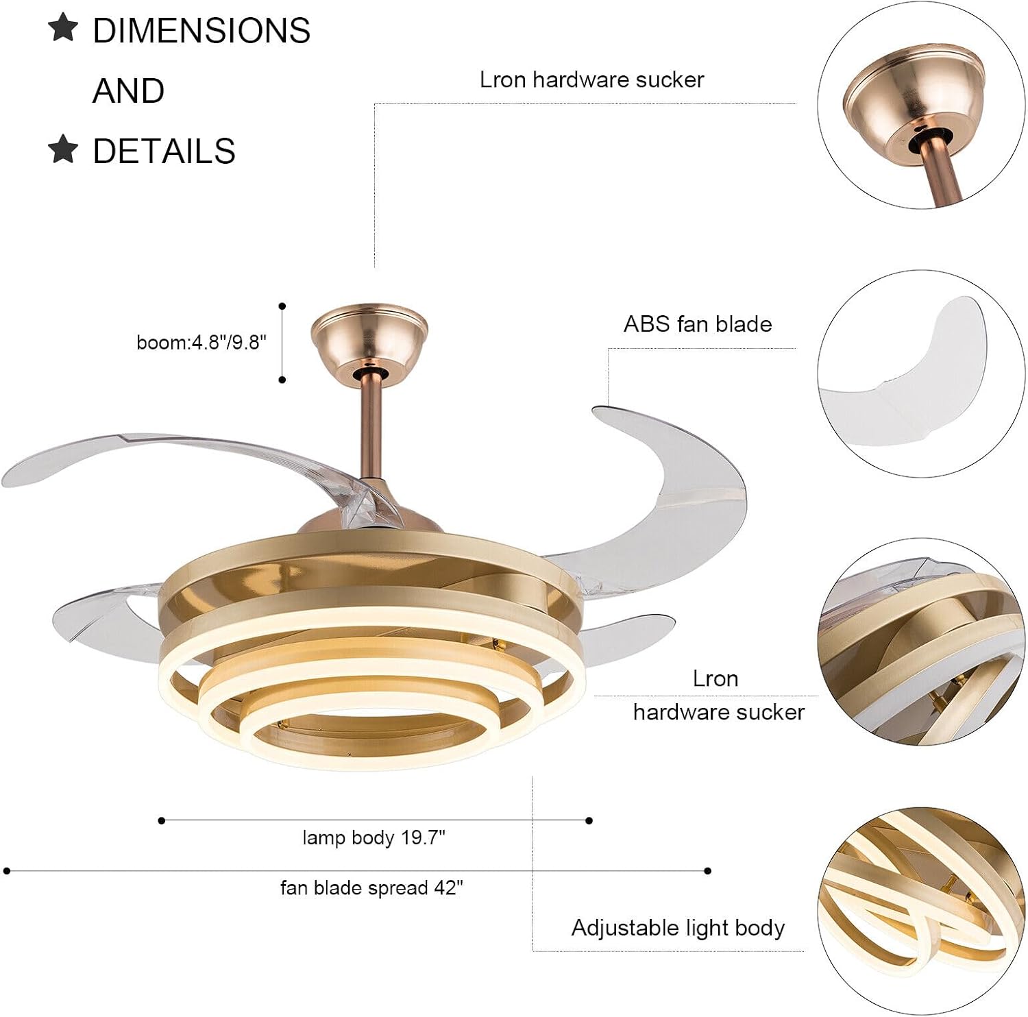 42" Retractable Ceiling Fan Light Lamp, 3-Color Led Lamp Chandelier with Fan, CCT Dimmable Led Chandelier, Invisible Blades Modern Smart Fan for Bedroom Living Room Art Decor (Gold)…
