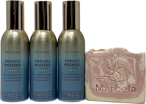 Bath and Body Works Endless Weekend - Aerosol concentrado para habitación (3 unidades) con jabón de muestra Marbela