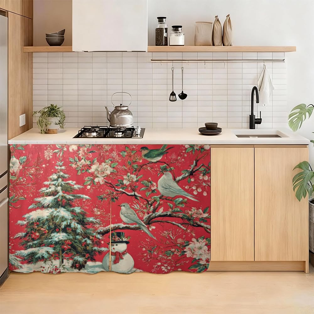 Self Adhesive Red Bird &amp; Pine Tree Cabinet Curtain for Mother's Day, 39x28 Inch Vintage Floral Under Sink Skirt No Drill, Spring Cleaning Kitchen Decor, Hook and Loop Laundry Valance