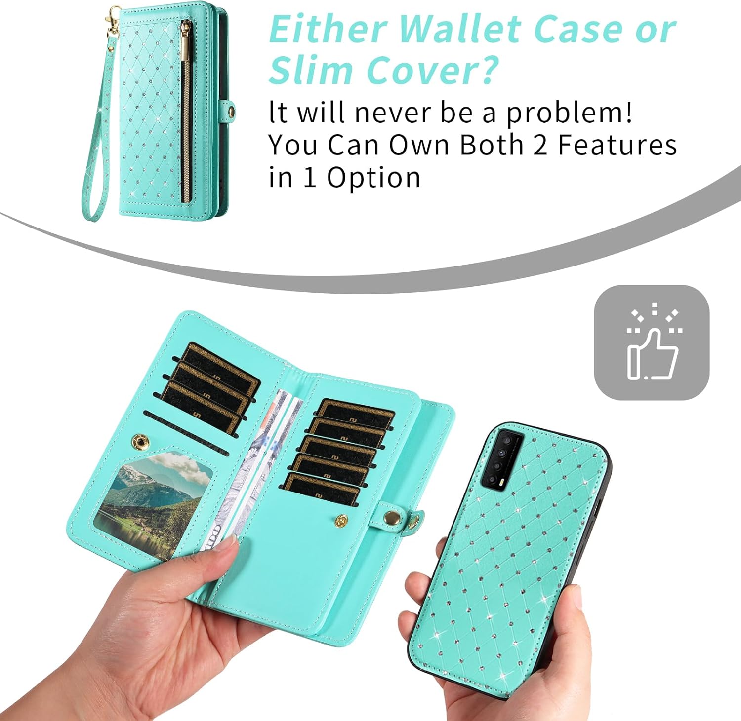 Asuwish Phone Case for TCL Stylus 5G 2022 Zipper Wallet Detachable Cell Cover with Tempered Glass Screen Protector Crossbody Strap Bling Flip Credit Card Holder TLC Stylo G5 6.81 T779W Women Men Teal