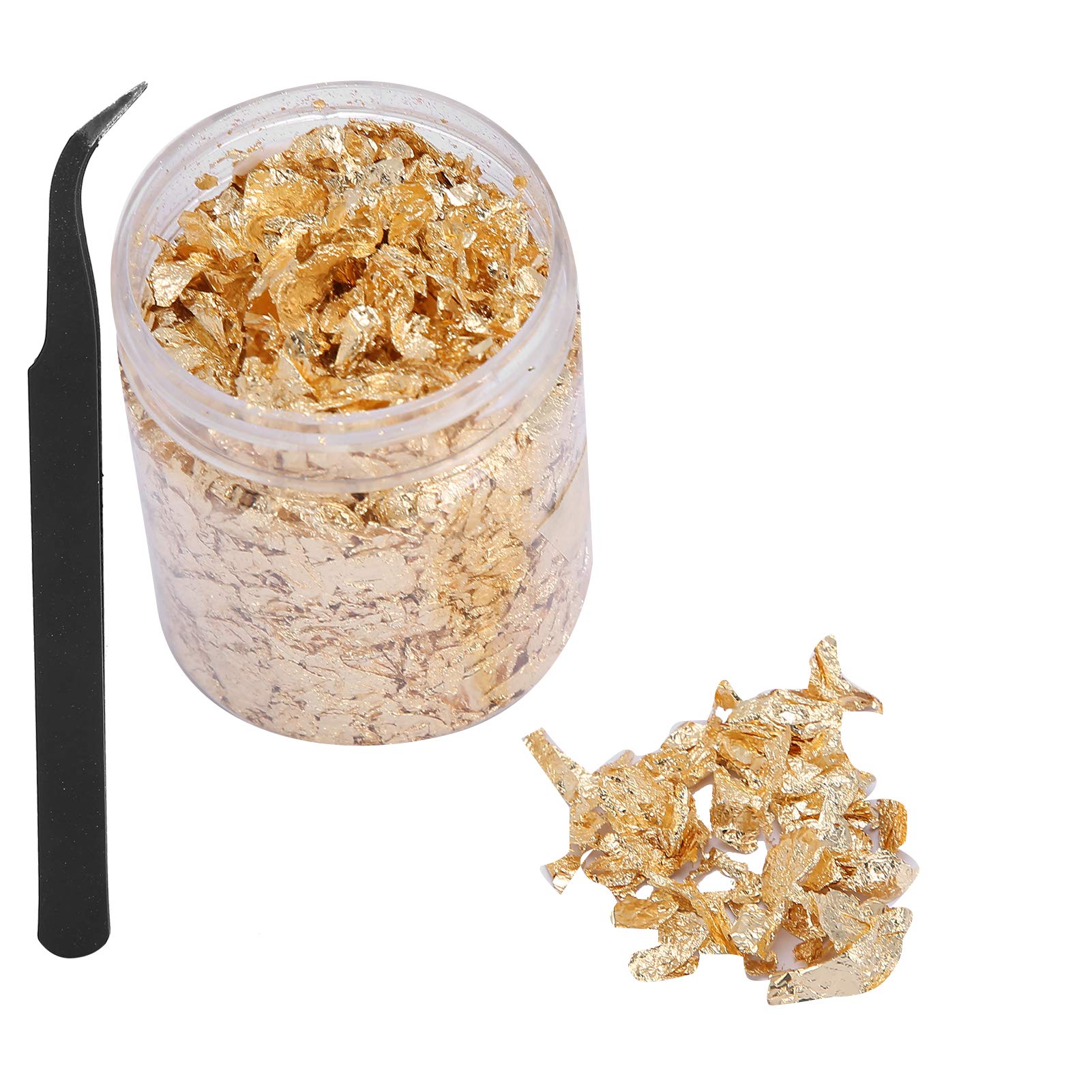 Buachois Foglia Oro Decorazione,10g Set di Scaglie di Resina per Doratura, Scaglie di Lamina Oro con Pinzette per Dipingere Arte della Resina Statua Dorata Nail