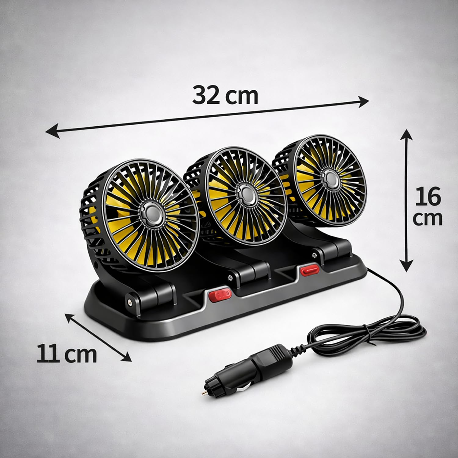 TIENDA EURASIA – Ventilador de Coche 12V Triple Cabezal con Rotación 360° | 2 Velocidades | Conexión a Toma 12V (Encendedor) | Cable 1,4 m | Negro | 32x11x16 cm