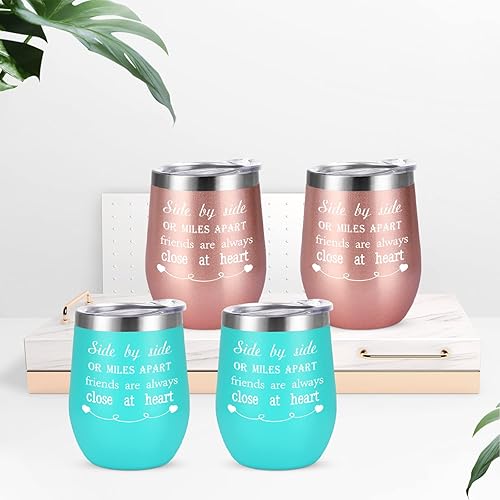 Miniatura 5 de GINGPROUS Juego de 4 vasos de vino con texto en inglés "Friend", "Side By Side or Miles Apart Friends", vaso de vino de acero inoxidable de 12 onzas