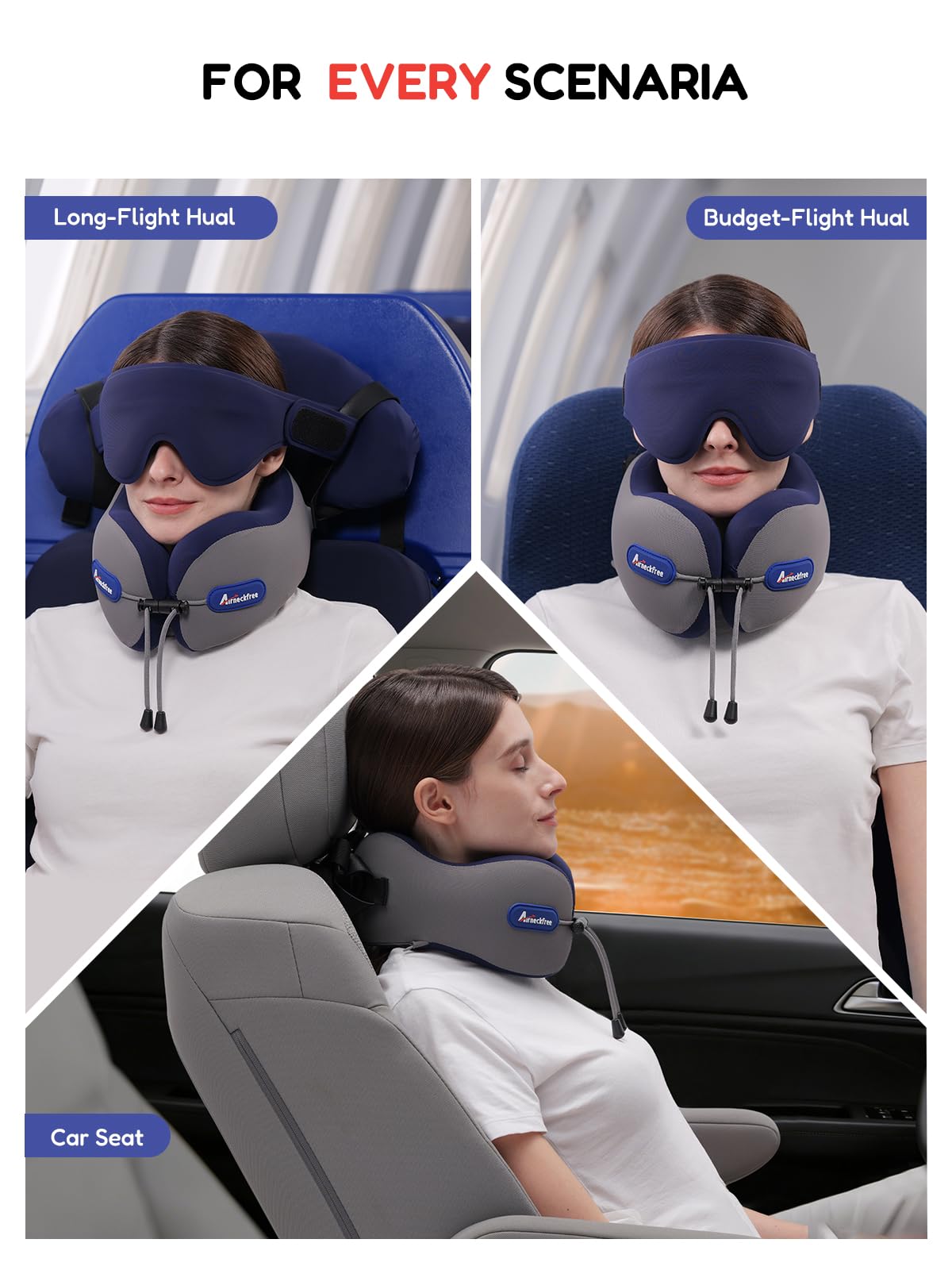 Cuscino da Viaggio per Aereo con Maschera 3D Travel Pillow | Con Cinturino per Sedile, Supporto per Testa e Collo, Schiuma Memory Confortevole per Aereo, Auto e Treno, Grigio