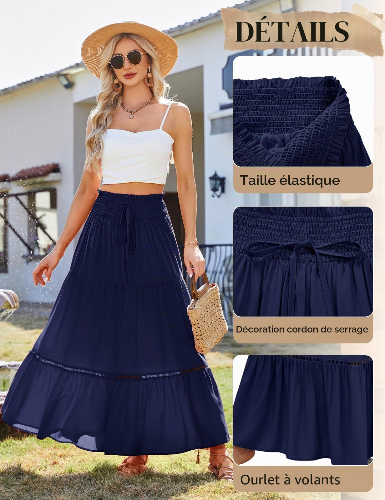 Jupe Longue d'été pour Femme Élastique Taille Haute Jupe Maxi Fluide A-Ligne Casual Élégante Jupe 2 en 1 Bohême Décontractée Vacances Plage
