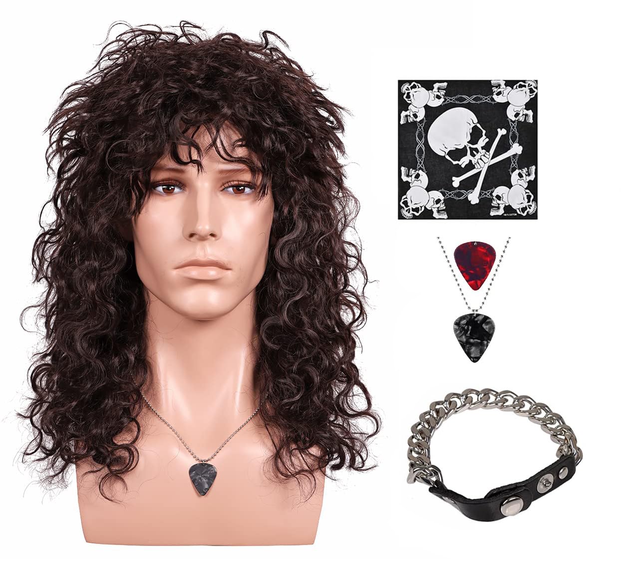 FantaLook 70 80s Long Curly Dark Brown Cosplay Wig with Necklace Headband and Mater Bracelet for Halloween