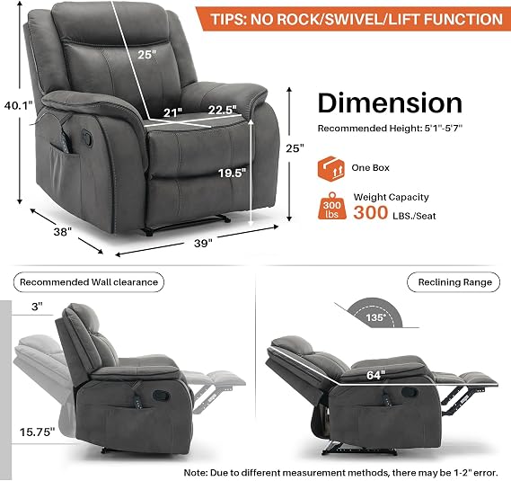 Massage Recliner Chair with Heat, Faux Leather Recliner Chairs for Adults, 39 Wide Manual Reclining Ergonomic Lounge Chair, Overstuffed Wall Hugger Recliners for Living Room, Grey