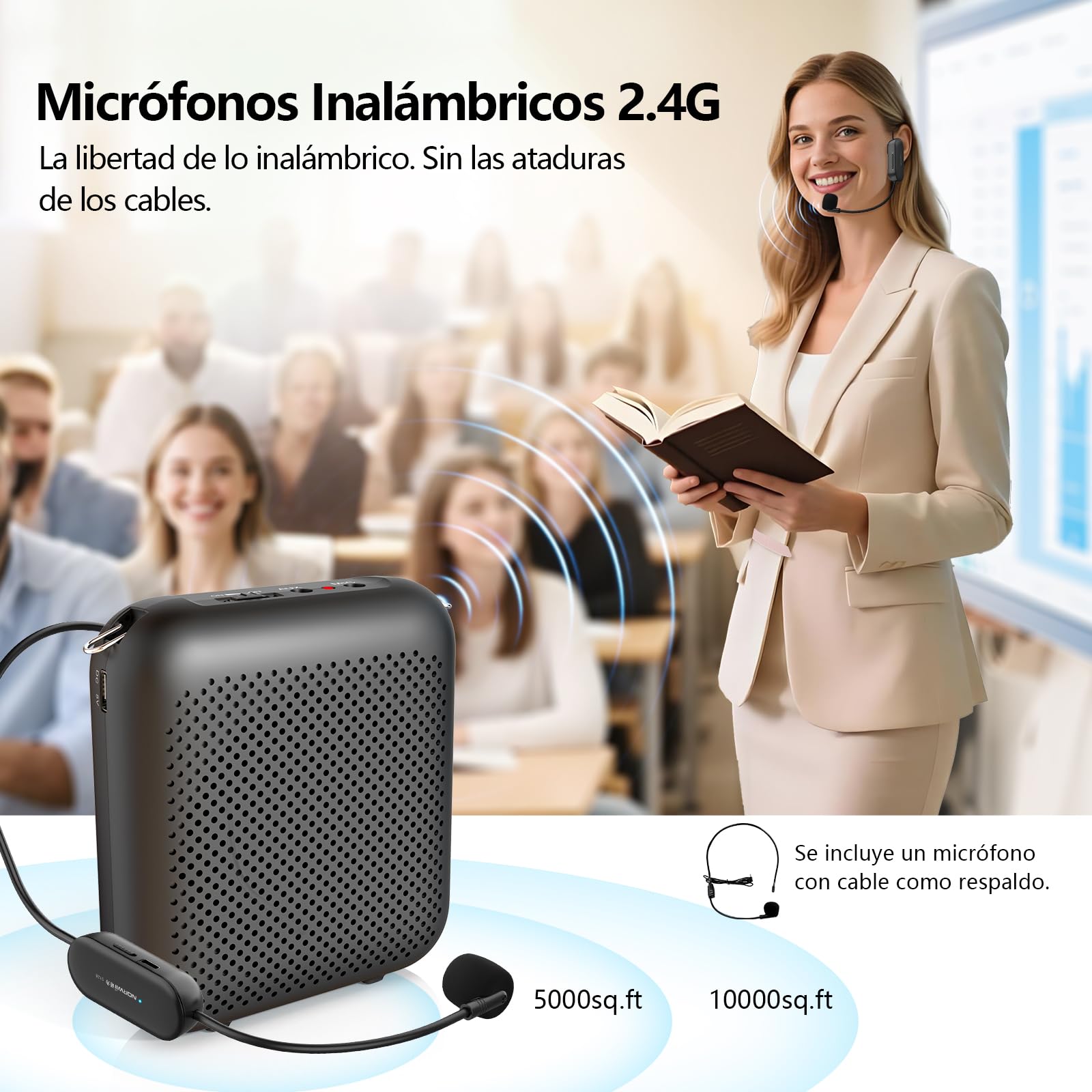 Norwii Amplificador de Voz Inalámbrico para Profesores, Minialtavoz Sistema de Megafonía Bluetooth Portátil 15W con 2 Micrófonos de Diadema, Batería Recargable 5200mAh para Clases/Guias/Conferencias