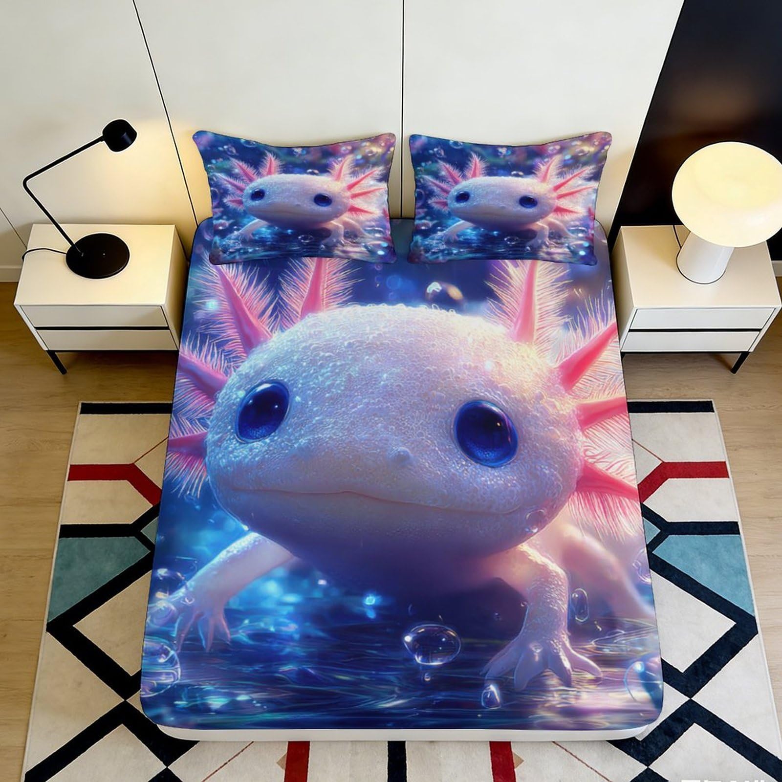 3D Printed Axolotl Fitted Sheet Microfiber Soft Breathable Underwater Creature Bed Cover for Bedroom Dormitory Guest Room Mattress Protection Decor 200x200x25cm