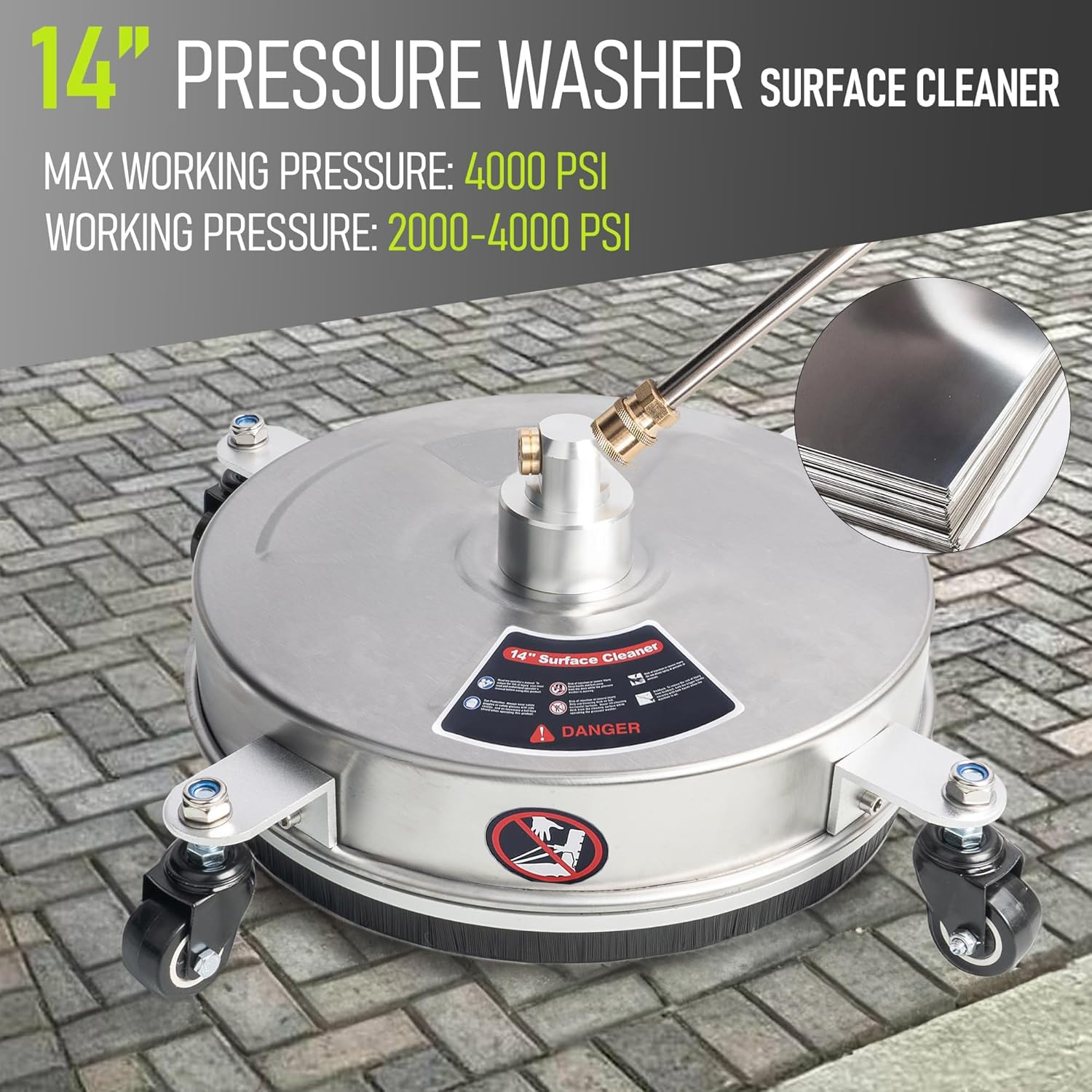 14" Idropulitrice per superfici, Pulitore per superfici in acciaio inox con 4 ruote, 2 prolunghe, per cemento, patio, terrazza, Connettore rapido da 1/4”, 4000 PSI