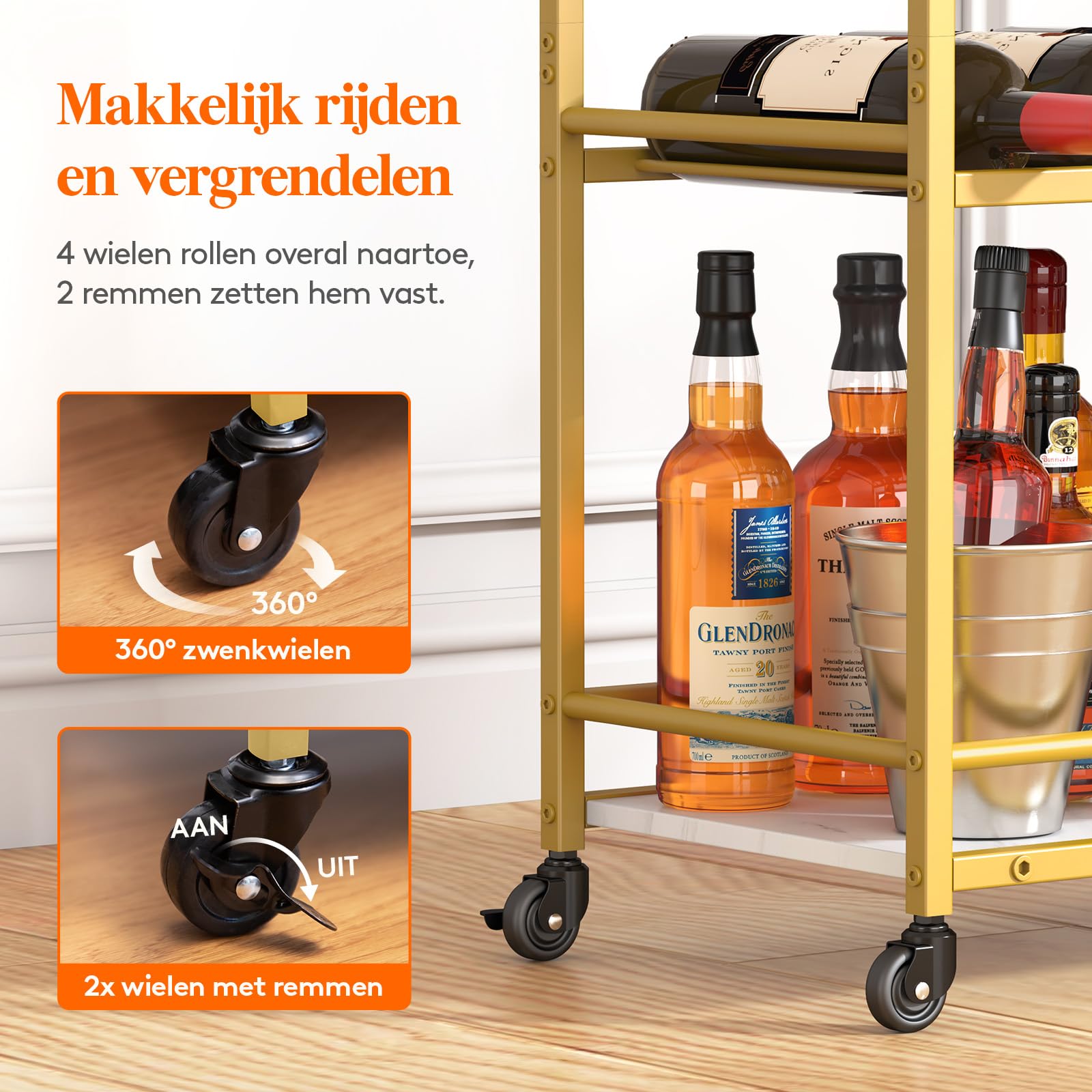 thumbnail: Lifewit Barwagen 3 Tier Met Wielen - Rustiek Bruine Serveerwagen Voor Keuken En Woonkamer 43,2x30x81,5cm
