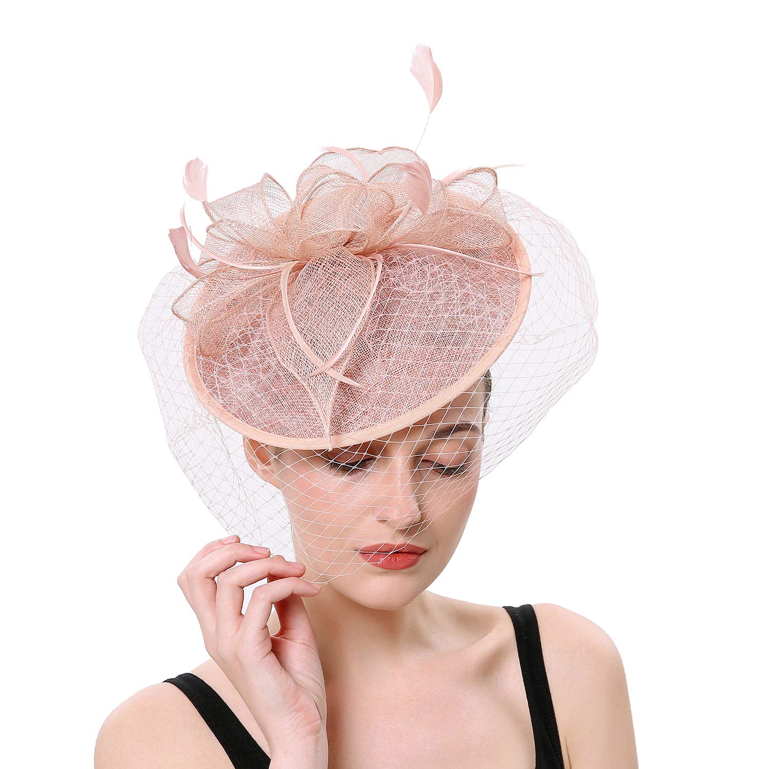 Brawlady Women's 5414Pink Fascinator Hat With Mesh, Flower Feather Hat With Headband And Clip, Bridal Wedding Tea Party Church Headwear For