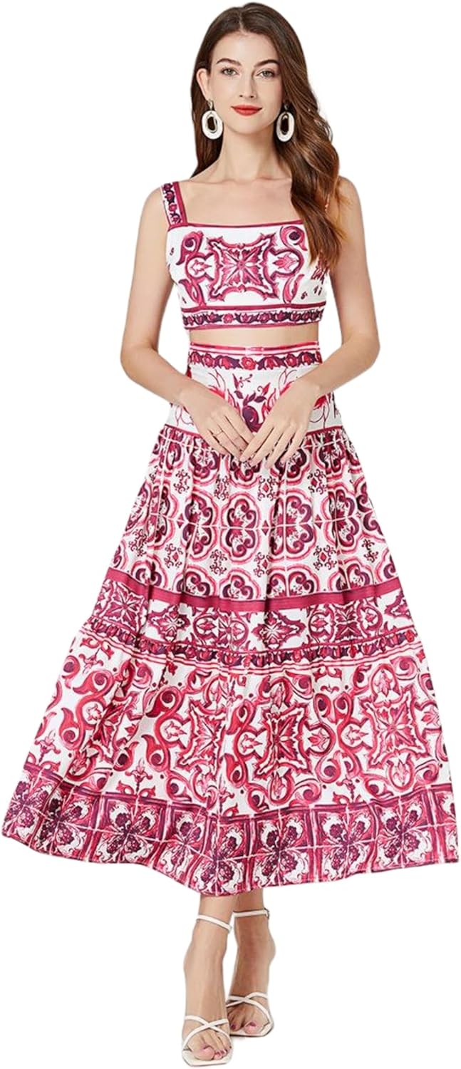 Women's Celadon Print Camisole with Vest Two Piece Set Dress Bohemian Long Dresses