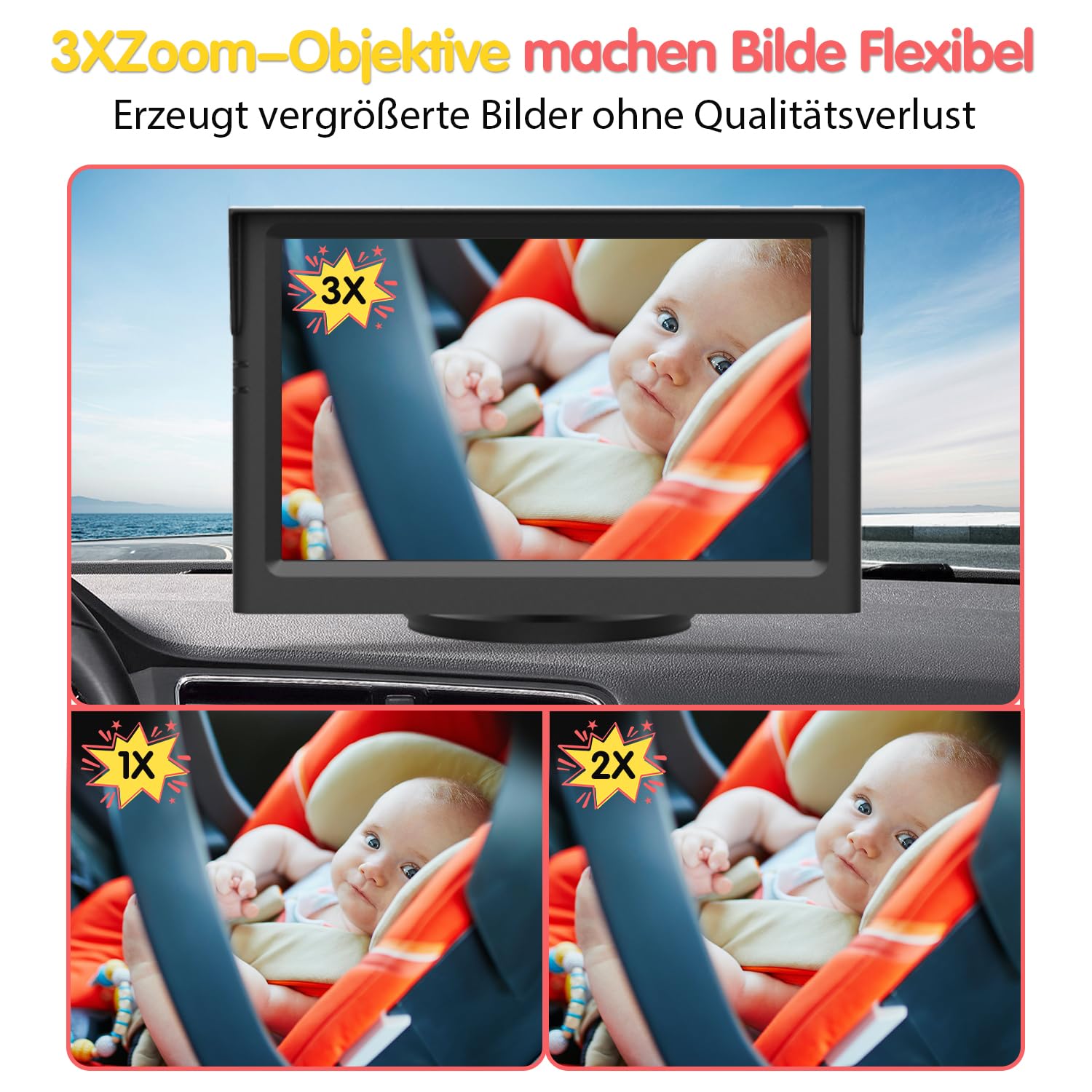 Luckview Baby Auto Spiegel mit 5" 1080P HD Bildschirm und IR Nachtsicht, Baby Kamera Auto Rücksitz mit 3X Zoom, 360° Drehbar, Einfache Installation Rücksitzkamera Display