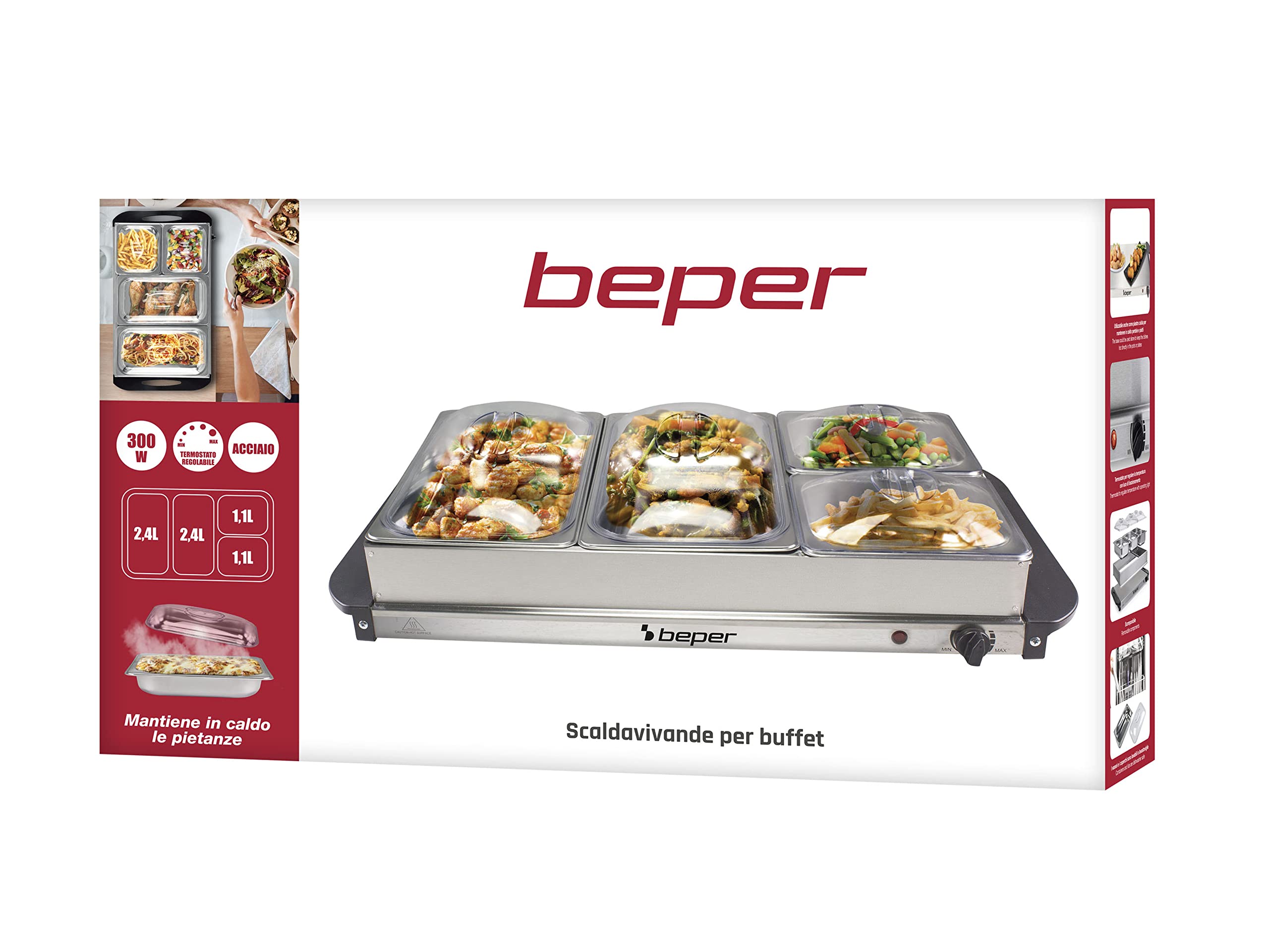 Beper P101TEM001 Scaldavivande per buffet, Acciaio inossidabile, 4 vassoi rimovibili, Termostato per la temperatura, Luce funzionamento, Ideale per buffet