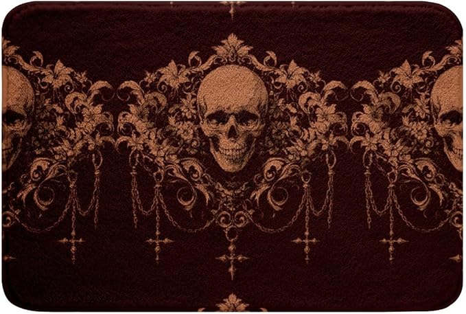 Gothic Bathroom Rugs Goth Sugar Skull Floor Mats,Red Brown Damask Shower Mat 20