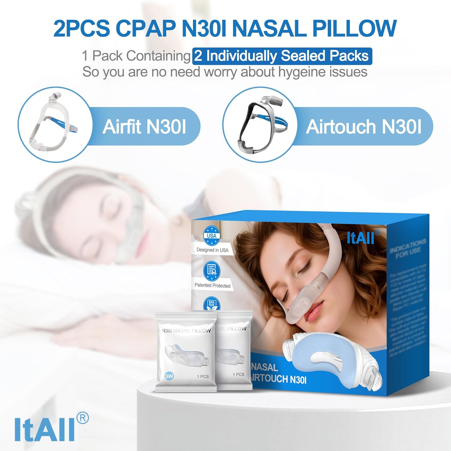 2PCs Replacement CPAP Fabric Nasal Pillow Mask Cushion (SW) for Airfit N30I & Airtouch N30I, Improved QuietAir N30i - Effective Moisture-Wicking & Redness-Reducing, ItAll Supplies Accessories